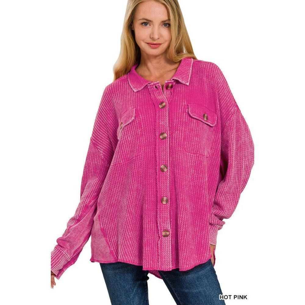 Zenana Meet U There Cotton Waffle Acid Wash Oversized Shacket Hot Pink CJW-3300 - Picture 2 of 5